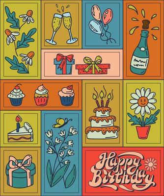 Trendy Happy birthday vector concept. Elements for birthday party in flat retro style. Can be used as graphic poster, postcard, background, print, fabric pattern, cover, banner for social media