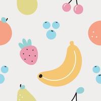 Seamless pattern with different Fruits and Berries. Vector illustration. For card, posters, banners, printing on the pack, printing on clothes, fabric, wallpaper.