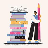 A flat student stands and holds a pencil. Men study and write. The guy is an artist, illustrator, books vector