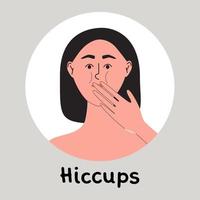 Hiccups concept. Young woman confused and trying to stop hiccups. Female covered her mougth with hand. vector