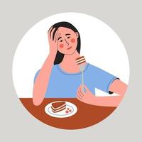 Young women loss of appetite. Female feel not hungry. Girl unable to eat. vector