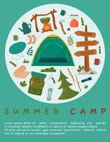 A4 poster for summer camping, travel, trip, hiking, tourist, nature, travel, picnic. Design of a poster, banner, leaflet, cover, special offer, advertisement. Vector illustration in a flat style.