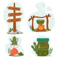 A pot on a fire in the forest. Wooden signpost to the summer camp, river, forest. A traveler's hiking backpack. Camping gas stove with coffee kettle. vector