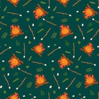 Seamless pattern with bonfires and marshmallows. Campfire. A blazing red-yellow flame. Sweets on sticks for baking on fire. Vector illustration in a flat style.