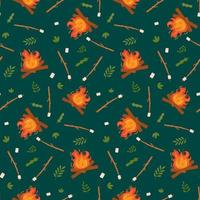 Seamless pattern with bonfires and marshmallows. Campfire. A blazing red-yellow flame. Sweets on sticks for baking on fire. Vector illustration in a flat style.