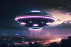 UFO object with glowing lights flying to city center on a rainy day. Neural network generated art photo