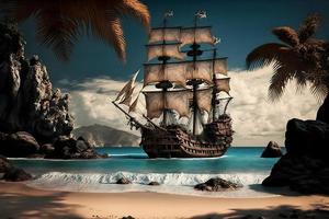 Pirate ship at the open sea close to rocks and small island with palms. Neural network generated art photo
