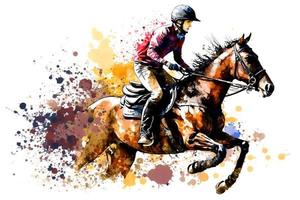 Race horse with jockey on watercolor splatter background. Neural network generated art photo