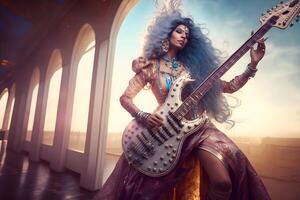 Beautiful rock star woman with electric guitar. Neural network photo