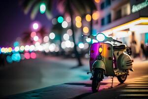 scooter ciclomotor a Oceano conducir Miami playa a noche con neón luces desde hoteles neural red ai generado foto