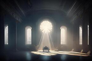 Hall with rays of light for meditation. spiritual temple. Neural network photo