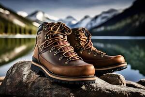 Hiking boots and beautiful natural landscape view. Neural network photo