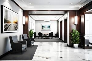 Hotel lobby interior, modern style. Neural network photo