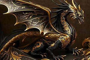 black gold chinese dragon. Neural network photo