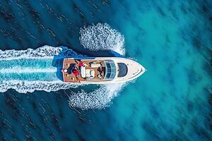 Boat floats in the sea, top view. Neural network AI generated photo