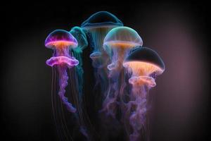 Group of clear glowing neon color light jelly fish in deep dark water. Neural network generated art photo