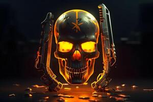 Yellow punk cyber human skull with weapon. Neural network photo