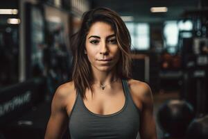 hermosa atlético latina mujer en el gimnasia. neural red ai generado foto