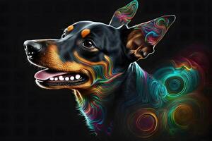 pinscher perro en creativo arco iris neón. neural red ai generado foto