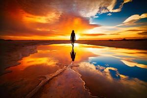 mujer a puesta de sol por el agua. neural red generado Arte foto