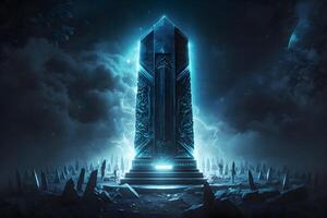 Futuristic fantasy ancient obelisk of fairytale civilization. Neural network photo