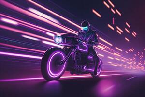 Futuristic biker on a retrowave sunset with a glitch and high-speed effect. Neural network photo