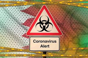 Bahrain flag and Covid-19 biohazard symbol with quarantine orange tape. Coronavirus or 2019-nCov virus concept photo