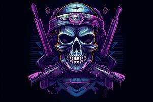 Purple punk cyber human skull with weapon. Neural network photo