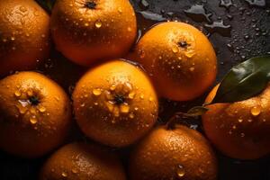 fresh orange fruits with leaves as background, top view. Neural network photo