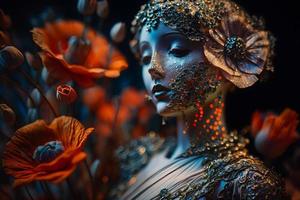 A fantasy portrait of ancient Roman goddess Venus with red poppies. Neural network generated art photo