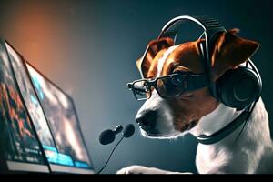 Dog as video game live stream gamer use PC computer for entertainment. Neural network generated art photo