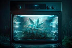 Growing marijuana cannabis leafs in open kitchen oven. Neural network photo