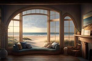 Beach living on Sea view interior with big windows. Neural network photo