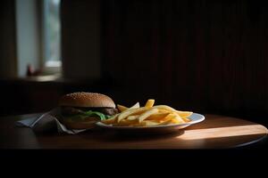 Craft beef burger and french fries on wooden table isolated on black background. Neural network photo