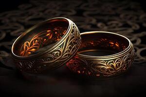 Original gold wedding rings on a dark background. Neural network photo