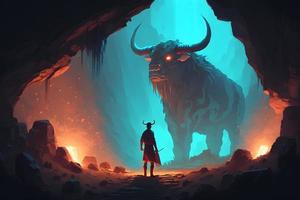 Theseus found the creature minotaur in cave labyrinth greek mythology tale. Neural network generated art photo