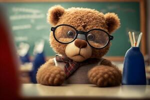 osito de peluche oso como un estudiante a escuela. espalda a escuela. neural red ai generado foto