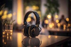 Modern big professional headphones on DJs table at night party. Neural network photo