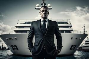 Confident successful businessman on the background of a private yacht. Neural network photo