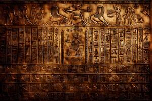 Ancient Egyptian drawings and hieroglyphs on the wall in the temple. Neural network photo