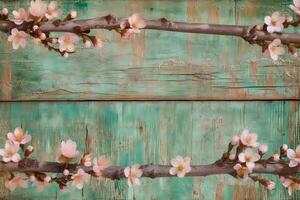 Spring seasonal of pink sakura branch with wooden table stand ,flower background. Neural network photo