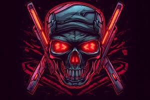 Red punk cyber human skull with weapon. Neural network photo