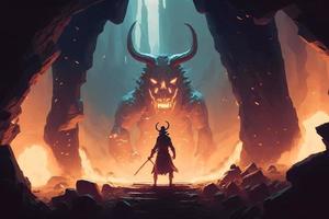 Theseus found the creature minotaur in cave labyrinth greek mythology tale. Neural network generated art photo