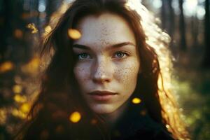 Portrait of a traveler girl in the forest. Neural network photo