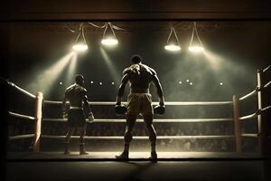 profesional Boxer luchando en el grandioso arena panorama vista. neural red ai generado foto