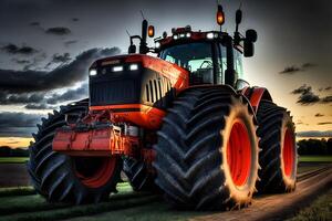 Tractor spraying pesticides on soybean field with sprayer at spring. Neural network photo