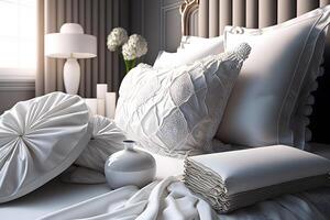 blanco almohadas en el cama en un lujoso hotel. neural red ai generado foto