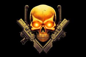 Yellow punk cyber human skull with weapon. Neural network photo