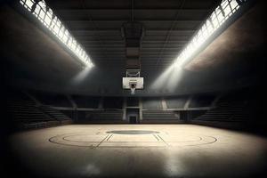 Interior view of an illuminated basketball stadium for a game. Neural network generated art photo