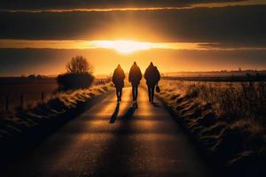 un grupo de personas caminando dentro el puesta de sol. hermosa paisaje. neural red generado Arte foto